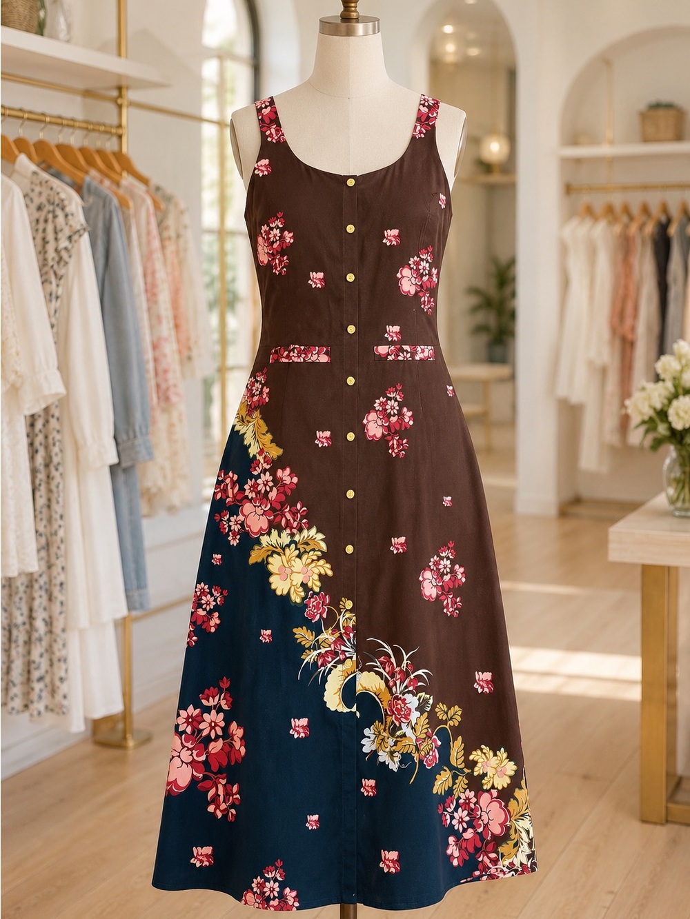 Anna Cate Floral Button-Front Midi Miriam Dress in chocolate NWT